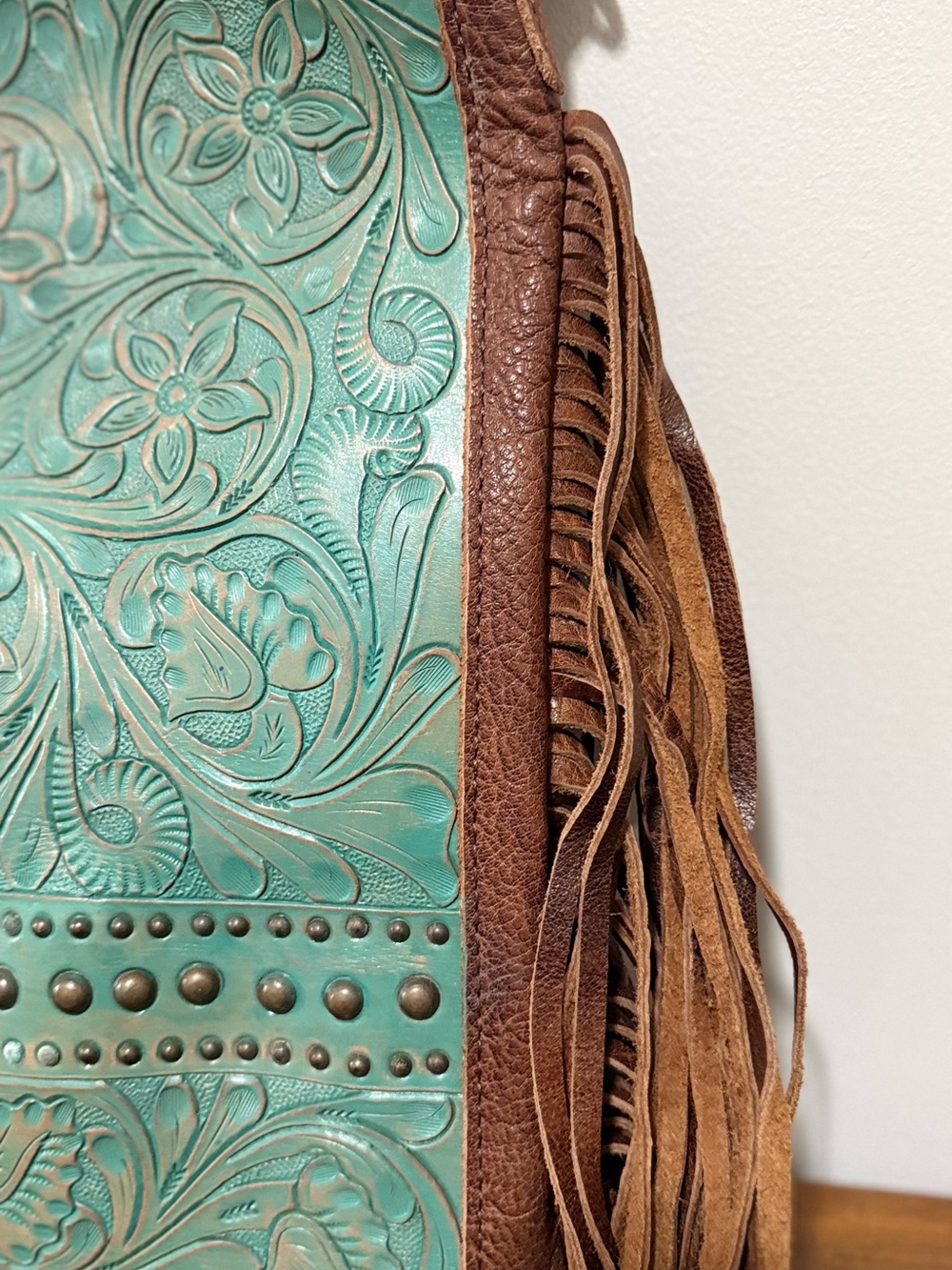 American Darling Turquoise Tooled Leather Fringe Crossbody with Brown Accents - Picture 5 of 15